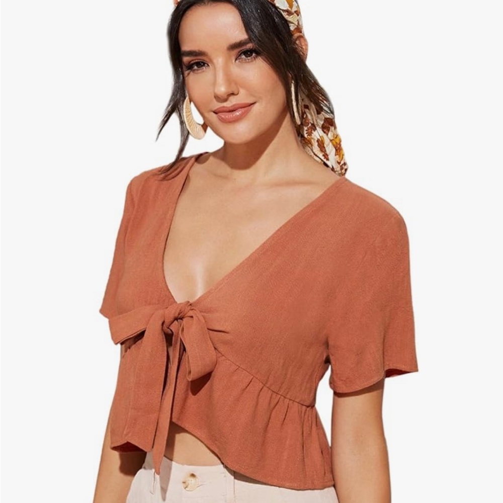 Burnt Orange Cropped Tie-Front Top - Picture 9 of 10